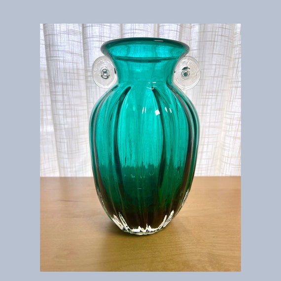 Vintage Green Art Glass Vase: Italian Handblown Vase with Applied Handles