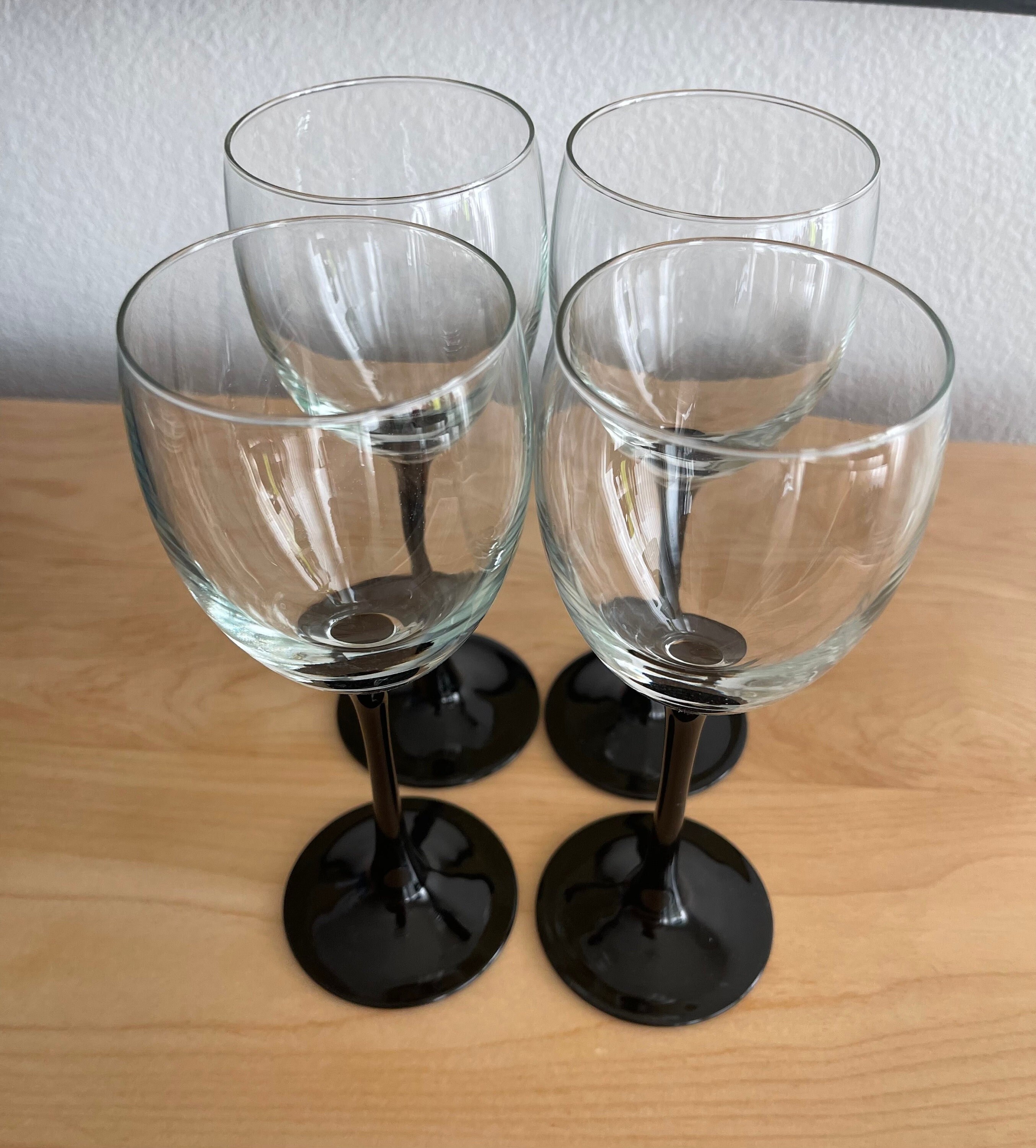 Vtg Luminarc Wine Glass Set, Black Stem & Clear Bowls, Vintage 70’s 4pc Set