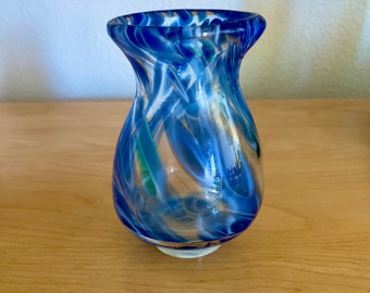 Vintage Murano Style Blue White Teal  Hand Blown Vase      5 3/4” Tall
