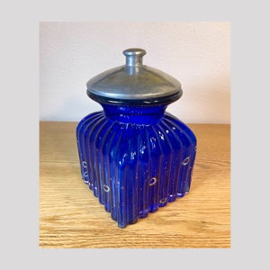 Vintage Ribbed Cobalt Blue Art Glass Canister Square Jar with Metal Lid Millefiori Beads Embedded