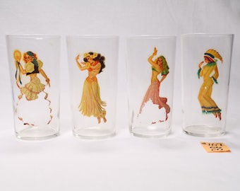 SET OF 4 peek a boo glass tumblers, Vintage 1940s pin up girls peek a boo drinking glasses