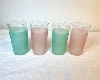 Vintage set of 4 Blendo style drinking glasses, Colorful Mid century Modern  4 3/4&quot; x 2&quot;  Seafoam Green, Pink 4 glasses