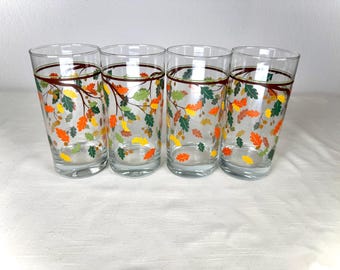 Vintage 1970s Fall Leaves Acorn Tumblers: Retro Autumn Drinkware Set
