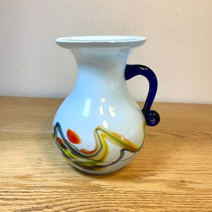 Vintage Murano Splatter Style Pitcher/Vase Cobalt Blue Handled White Multicolored Art Glass