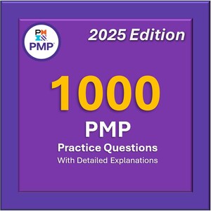 May include: A purple graphic with the text "2025 Edition" and "1000 PMP Practice Questions With Detailed Explanations." The PMP logo is in the upper left corner. The number "1000" is in large yellow font.