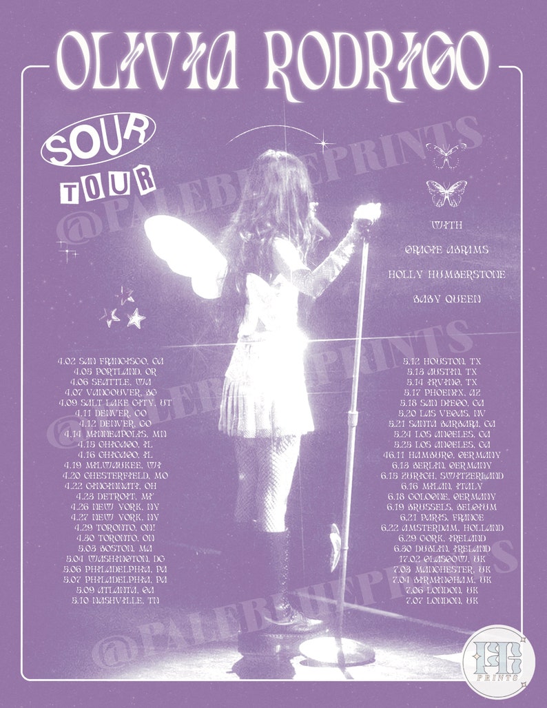 May include: A purple poster with a white silhouette of a person holding a microphone. The poster advertises the "Sour Tour" by Olivia Rodrigo with supporting acts Gracie Abrams, Holly Humberstone, and Baby Queen. The tour dates are listed for cities in the United States, Canada, Europe, and the United Kingdom.