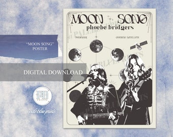 Pode incluir: Um pôster em preto e branco com o título "Moon Song" de Phoebe Bridgers. O pôster apresenta uma ilustração estilizada de duas pessoas tocando guitarras com um fundo celestial de luas e um satélite.