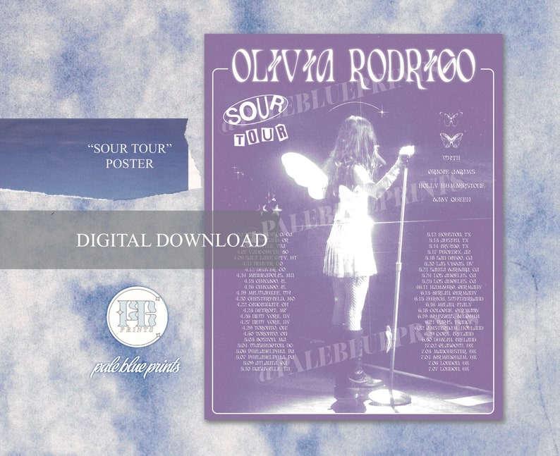 May include: A purple poster with the text "Olivia Rodrigo Sour Tour" in white. The poster features a photo of Olivia Rodrigo on stage with a microphone, wearing a white dress and wings. The tour dates are listed on the poster.