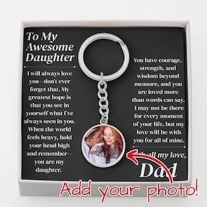 Portachiavi con foto personalizzato, regalo per la figlia da parte del papà, biglietto con messaggio personalizzato, ricordo di compleanno, regalo di laurea o per occasioni speciali.