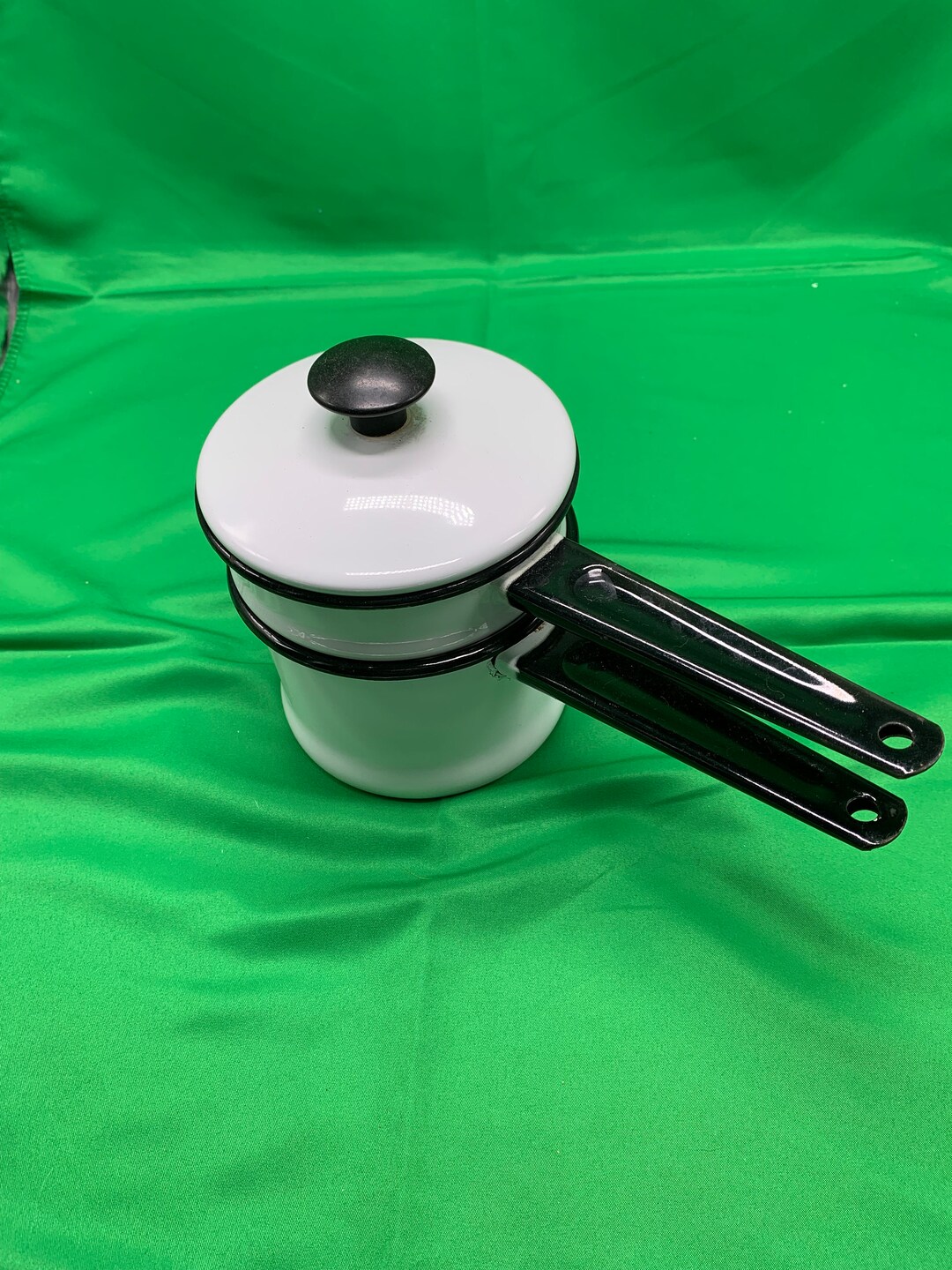 White and Black Enamel Double Boiler With Lid. Etsy