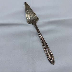 May include: A silver cake server with a pointed blade and a slightly curved handle.