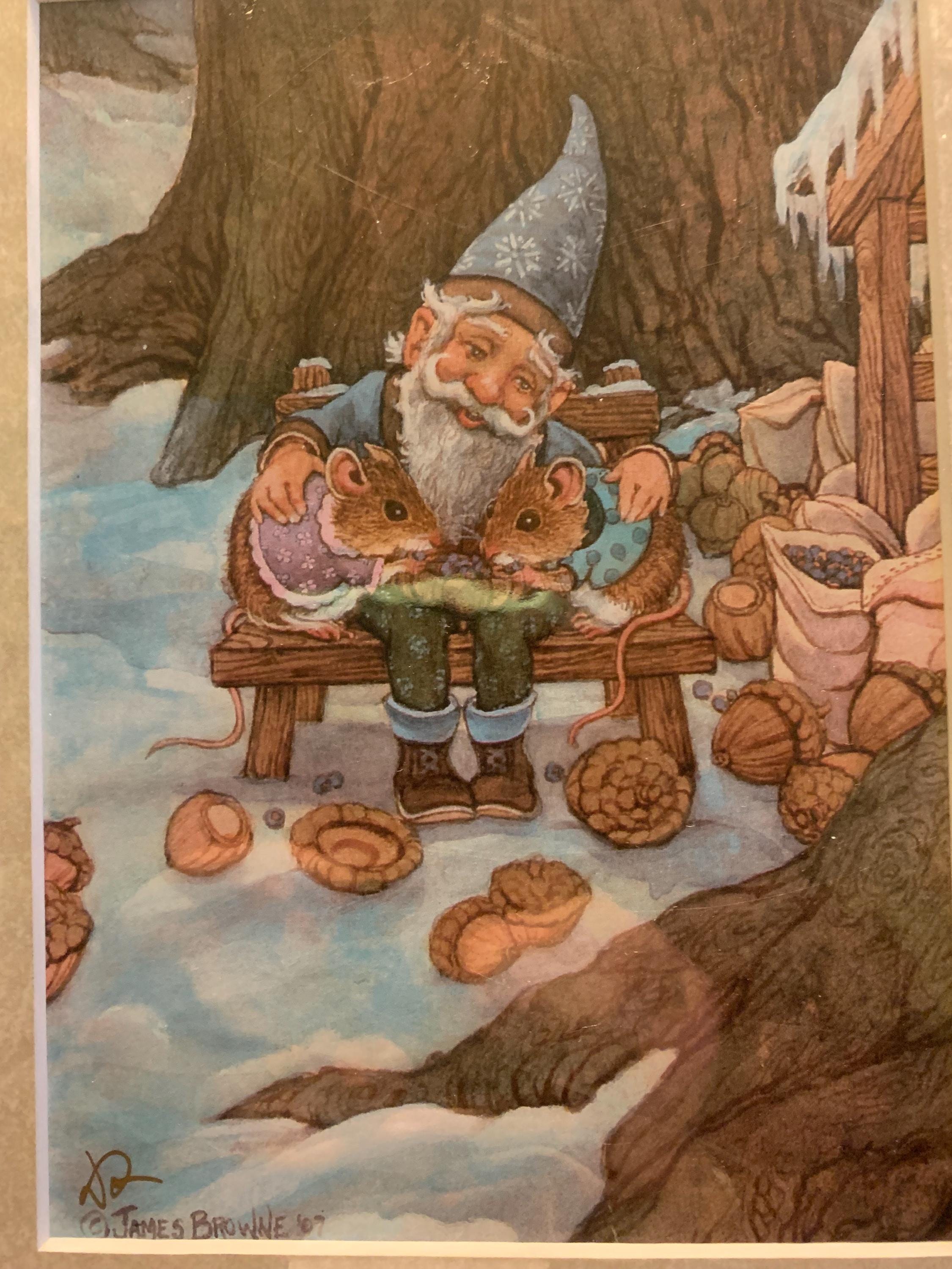 Winter scene of Gnome with Mr. and Mrs. Mouse.