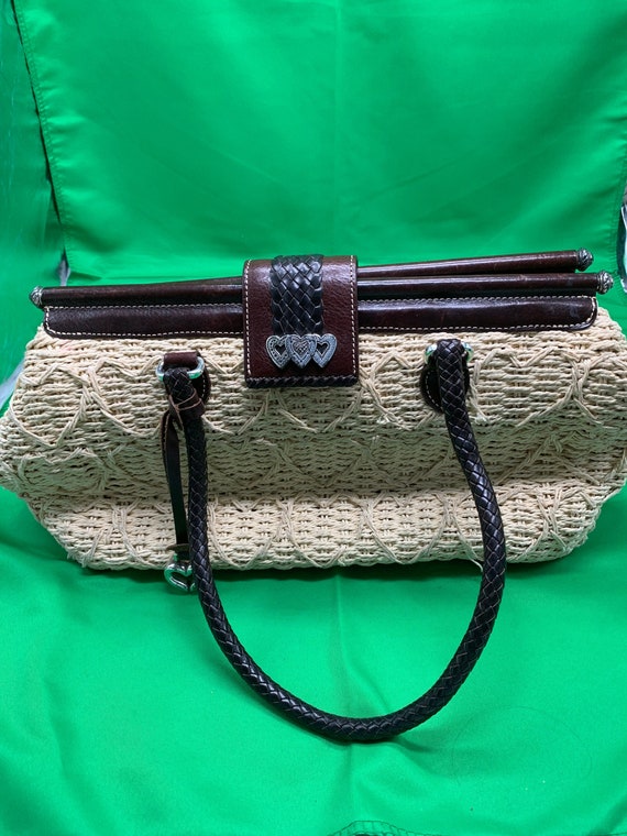 Vintage Brighton Straw Handbag Red Blue Leather Crossbody 