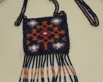 Hand made glass beaded fringe amulet necklace.