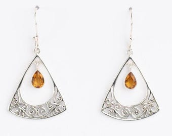 Citrine Handcrafted Silver Earring, Faceted Drop Gemstone, Vintage Inspired Design Earring