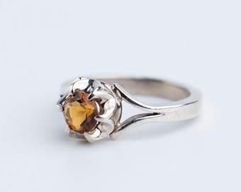 Citrine Sterling Silver Ring, Handcrafted Jewelry, Flower Bezel Detail Design, Faceted Citrine Gemstone