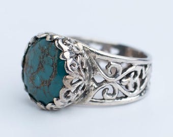 Turquoise Sterling Silver Ring,Handcrafted Jewelry, Delicate Scrollwork Design, Turquoise Gemstone