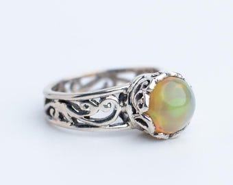 Ethiopian Opal Sterling Silver Ring, Handcrafted Jewelry, Intricate Scrollwork Design , Cabochon Opal