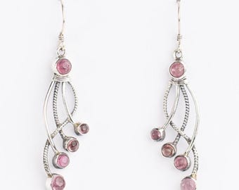 Pink Tourmaline Handcrafted Sterling Silver Earring, Cabochon Gemstones, Vintage Inspired Design