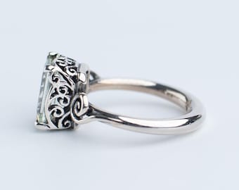 Aquamarine Sterling Silver  Ring, Handcrafted Jewelry, Scrollwork Design, Faceted Gemstone