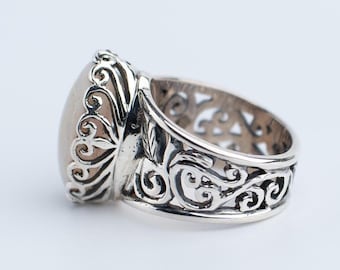 Handcrafted Sterling Silver Ring, Australian White Opal, Intricate Scrollwork Design