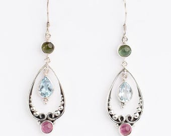 Handcrafted Sterling Silver Dangle Earrings, Green Pink Tourmaline, Blue Topaz, Boho Design