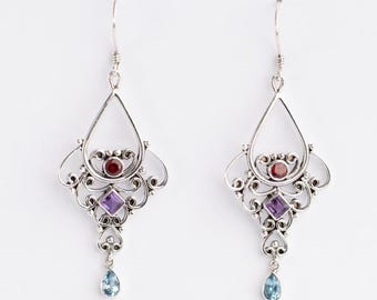 Handcrafted Sterling Silver Earrings, Garnet Amethyst Blue Topaz, Boho Dangle Jewelry