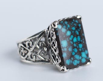 Turquoise Sterling Silver Vintage Ring, Handcrafted Jewelry, Tibetan Turquoise