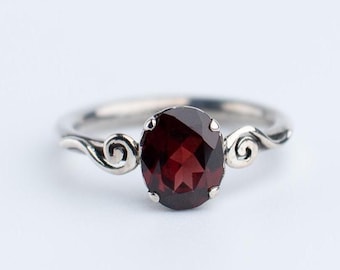 Garnet Sterling Silver Ring, Handcrafted Jewelry, Scroll Detail Design, Faceted Garnet Gemstone