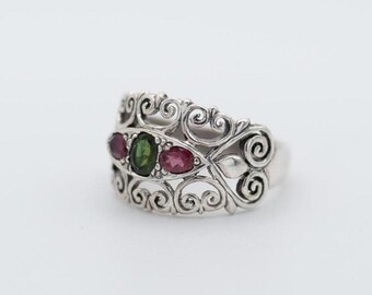 Green and Pink Tourmaline Gemstones,Sterling Silver Filigree Ring, Vintage Scrollwork Design