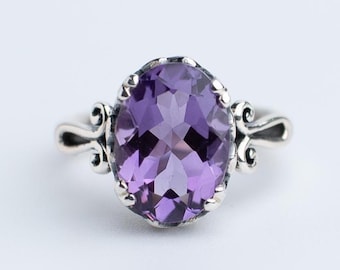 Amethyst Sterling Silver Ring, Handcrafted Jewelry, Delicate Scrollwork Design, Faceted Oval Amethyst Gemstone