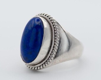 Lapis Lazuli Sterling Silver Ring, Handcrafted Bezel Setting, Vintage Bohemian Jewelry