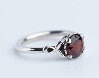 Garnet Sterling Silver Ring, Handcrafted Jewelry, Scroll Detail Design, Faceted Garnet Gemstone