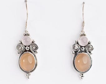 Rose Quartz and Moonstone Handcrafted Sterling Silver Earrings, Peach & Rose Gemstones, Boho Scrollwork Design