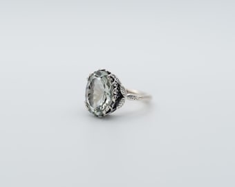 Prasiolite (Green Amethyst) Ring, Handcrafted Silver Jewelry, Oval Faceted Cut Amethyst