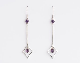 Amethyst Handcrafted Silver Earring, Cabochon Gemstone, Antique Inspired Geometric Design Earring