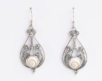 Shiva Eye Earrings, 925 Sterling Silver , Shiva Eye Shell ,Vintage Inspired Boho Dangle Earrings