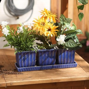 Set of 3 Square Planters with detached saucer in Cobalt Blue for Window Sill