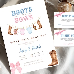 Editable Boots or Bows Gender Reveal Invitation Template, Western Pink & Blue Theme, Rustic Coquette Style, Canva Printable
