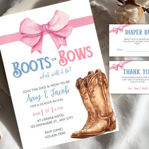 Boots or Bows Gender Reveal Invitation Template, Western Pink & Blue Theme, Rustic Coquette Style, Editable Canva Printable