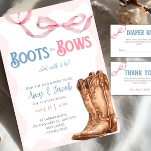 Editable Boots or Bows Gender Reveal Invitation Template, Western Pink & Blue Theme, Rustic Coquette Style, Canva Printable