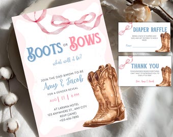Editable Boots or Bows Gender Reveal Invitation Template, Western Pink & Blue Theme, Rustic Coquette Style, Canva Printable