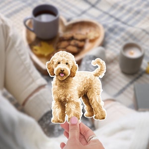 K&ouml;nnte beinhalten: Ein Aufkleber mit einem Golden Doodle Hund mit lockigem, hellbraunem Fell. Der Hund steht, die Zunge ist leicht zu sehen. Der Aufkleber wird von einer Hand gehalten, mit einem verschwommenen Hintergrund in einer gem&uuml;tlichen Umgebung.