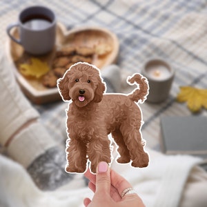 K&ouml;nnte beinhalten: Ein Aufkleber eines braunen Goldendoodle-Hundes mit lockigem Fell und heraush&auml;ngender Zunge. Der Hund wird von einer Hand gehalten. Der unscharfe Hintergrund zeigt eine Tasse Tee, Kekse und eine Kerze, was eine gem&uuml;tliche Atmosph&auml;re schafft.