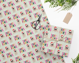 Papel de regalo con forma de perro, adorables perros carlinos, luces navideñas, gorros de Papá Noel, huellas de Papá Noel, rollos de papel de regalo, decoración navideña, papel de regalo.