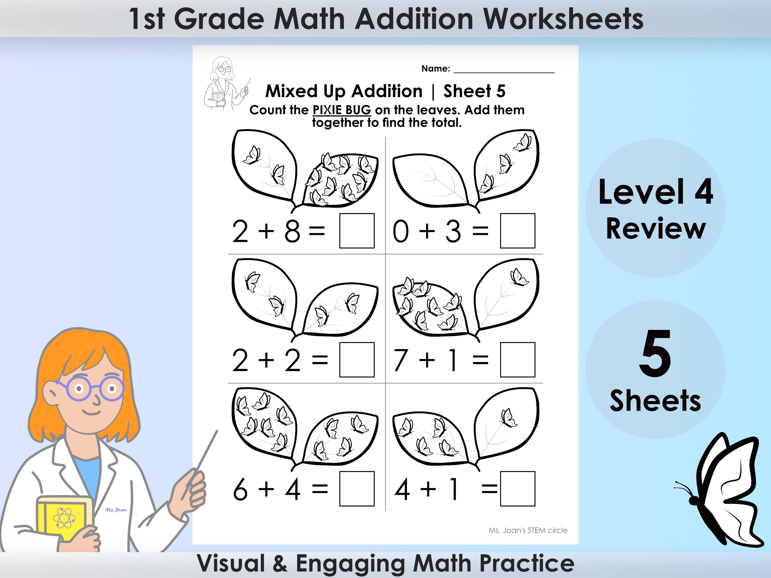 Addition Within 10 Math Worksheets for 1st Grade - Fun Spring Bug Theme ...