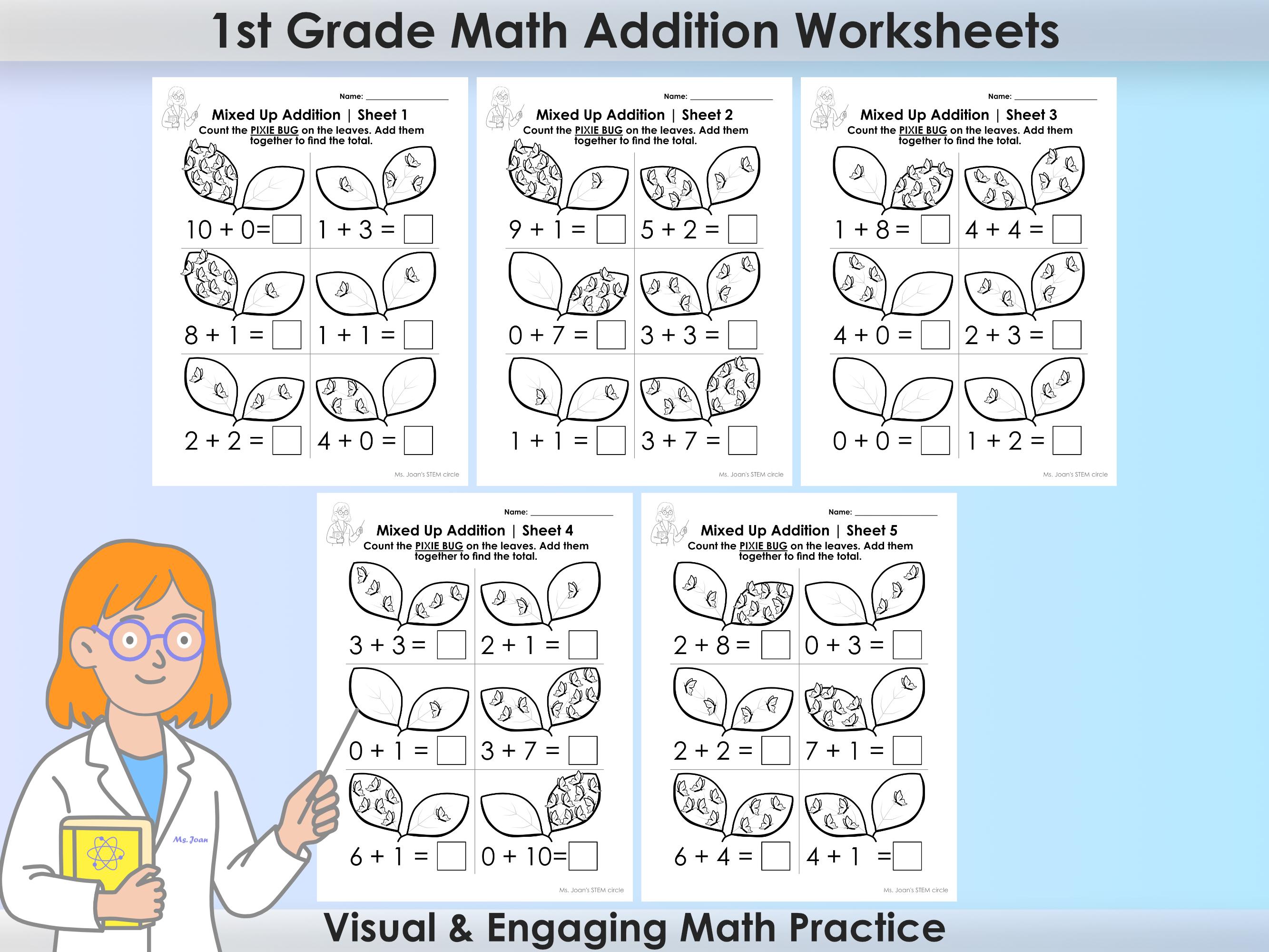 Addition Within 10 Math Worksheets for 1st Grade - Fun Spring Bug Theme ...