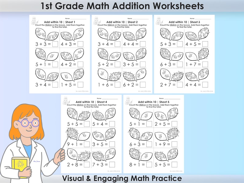 Addition Within 10 Math Worksheets for 1st Grade - Fun Spring Bug Theme ...