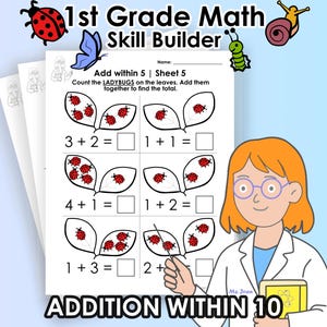 May include: Educational worksheet for 1st grade math skills. The worksheet features addition problems with ladybugs on leaves, with the text "Add within 5 | Sheet 5". The image includes cartoon ladybugs, a butterfly, a snail, and a teacher illustration.
