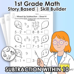 Puede incluir: Hoja de trabajo educativa para matemáticas de 1er grado, centrada en la resta dentro de 10. La hoja de trabajo presenta un enfoque basado en historias con ilustraciones de insectos y mariposas. El título dice "1st Grade Math Story Based | Skill Builder".
